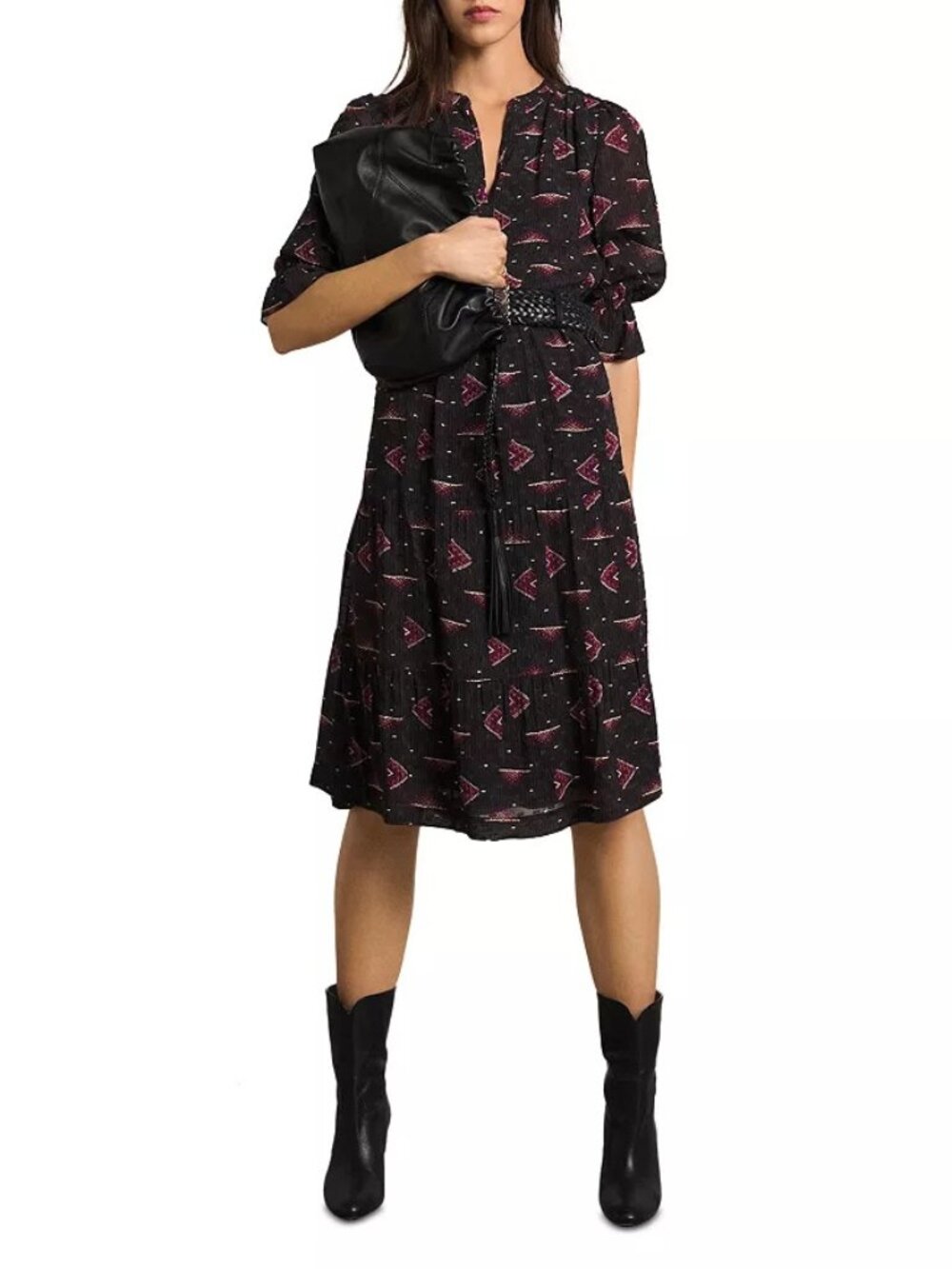 BA&SH Calliope Printed Tiered Sheer Black Burgundy Midi Dress‎ Size 1 US 4